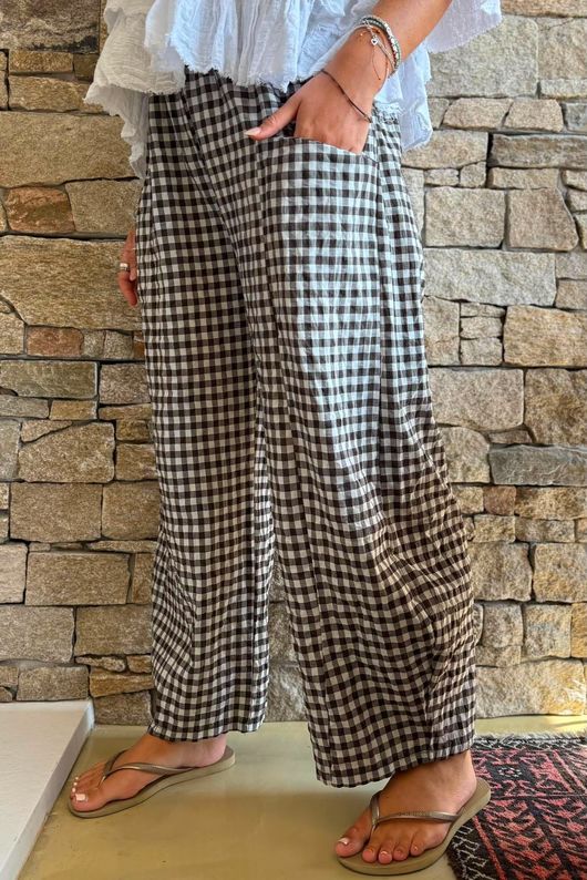 Nonni Gingham Relaxed Barrel Pant Chocolate